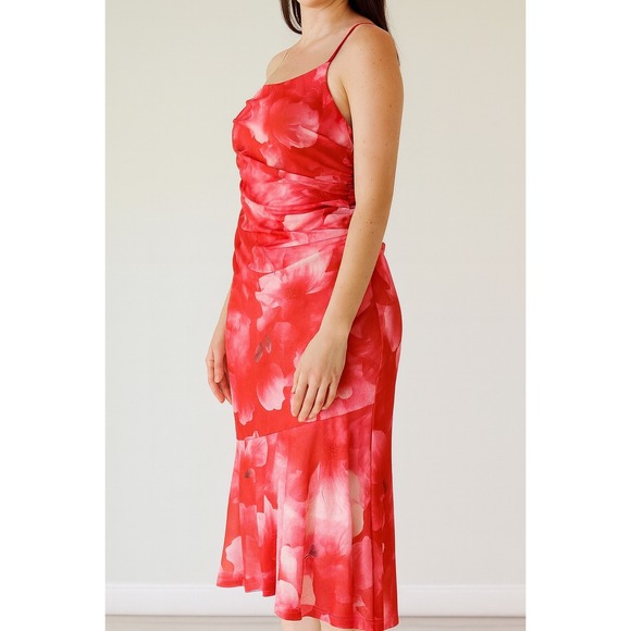 Floral One Shoulder Dress Ruched Midi Dress Red Pink Party Cocktail - Picture 1 of 4